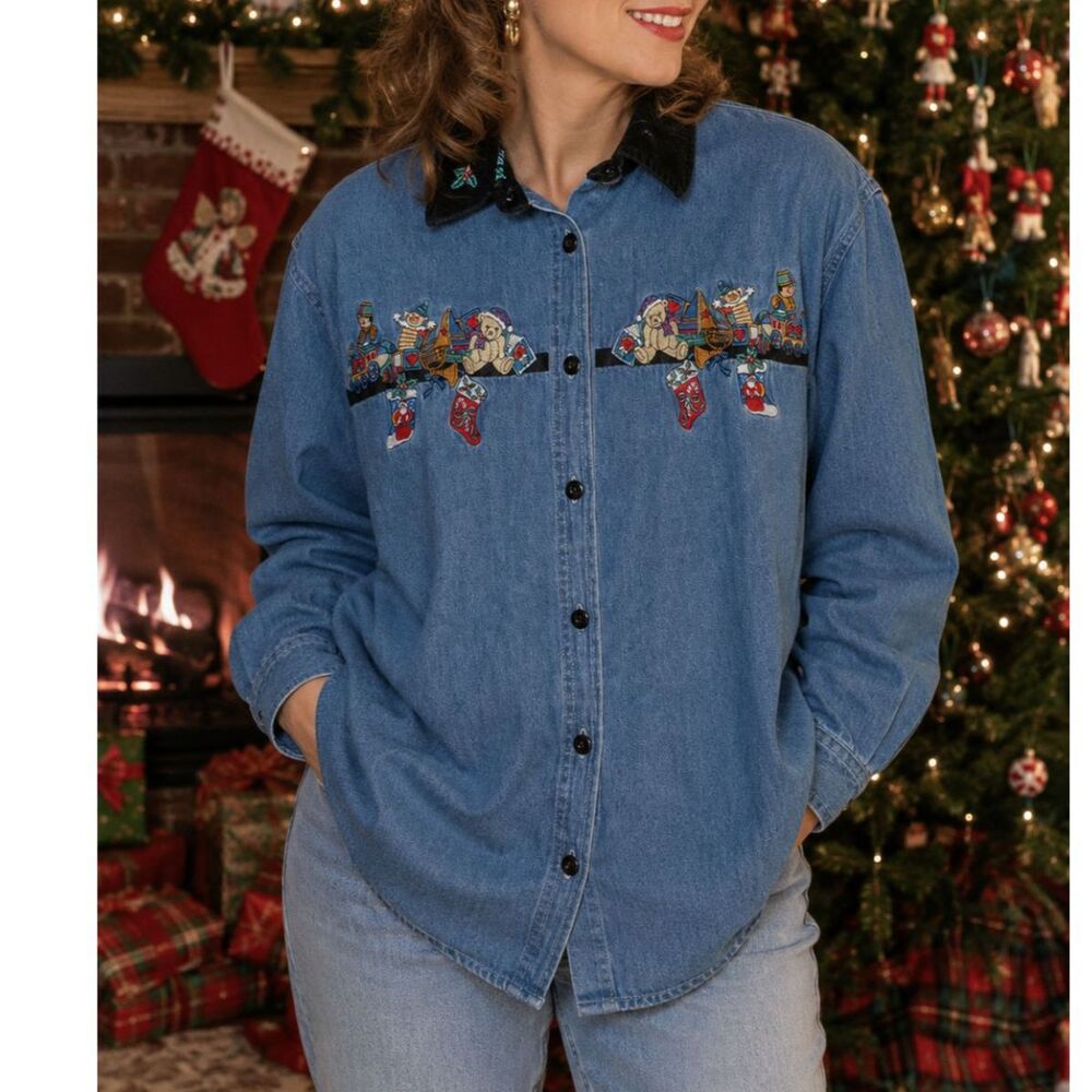 Vintage Bobbie Brooks Christmas Denim Shirt Embroidered Velvet Collar 90s